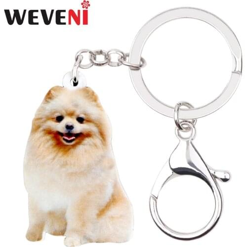 WEVENI Acrylic Happy Sitting Pomeranian Dog Key Chains Keychain Bag Animal Jewelry For Women Girls Party Holder Charms Gift