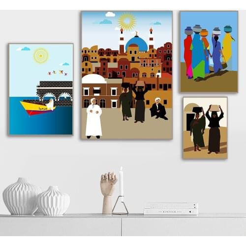 Women Bring Water Magic East Jerusalem Colorful Wall Art Picture Canvas Posters and Prints Minimalist Painting Decor No Frame