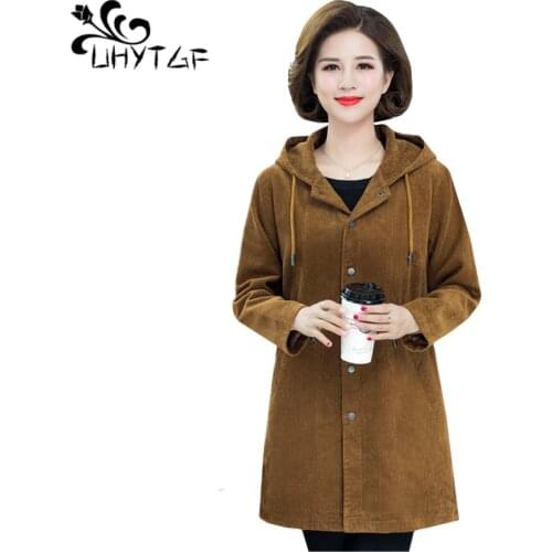 UHYTGF Quality corduroy autumn winter coat women fashion hooded cotton casual warm jacket elegant mom slim 5XL plus size top 830