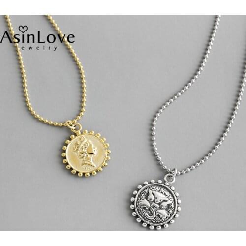 AsinLove 18K Gold Vintage Geometric Round Bead Portrait Coin Necklace 925 Sterling Silver Retro Necklaces for Women Fine Jewelry