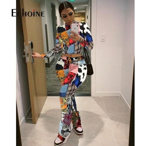 Echoine Women Vintage Print Casual 2 Two Piece Set Sexy Crop Tops and Sport Jogger Sweatpants Party Tracksuits Outfits Plus Size