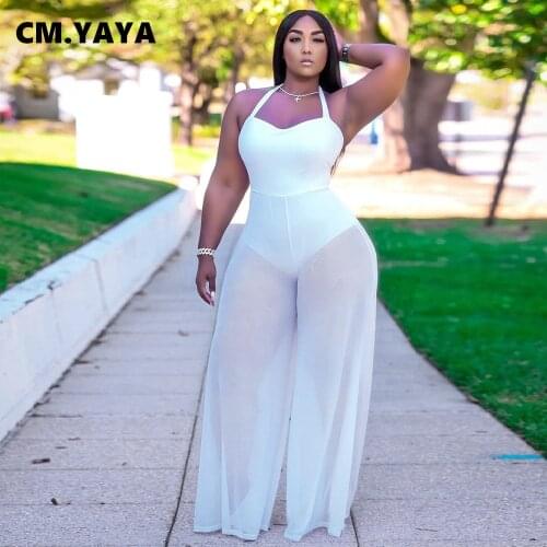 CM.YAYA Women Mesh See Though Straight Jumpsuit Sexy Plus Size Halter Neck Sleeveless Romper Overall Romper Outfit 5 Color