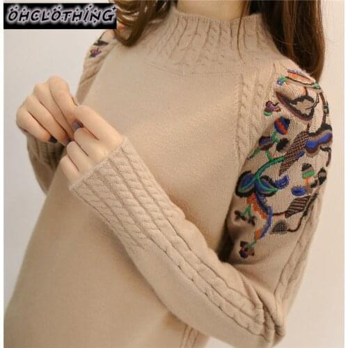 2020 female half turtleneck sweater female sleeve head embroidery twist loose all-match long sleeved bottoming sweaters