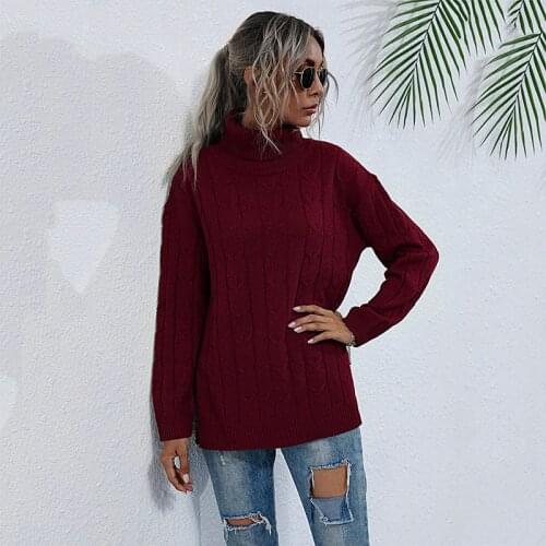 Autumn Winter Wine Red Twist Knitted Sweater Women Pullover 2020 Long Sleeve Turtleneck Sweaters Side Split Jumper