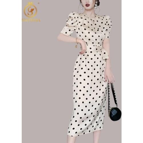 SMTHMA Women Puff Sleeve Dot Print Vintage Summer Dress Office Lady Casual Elegant Work Dress 2021 New Fashion Clothes
