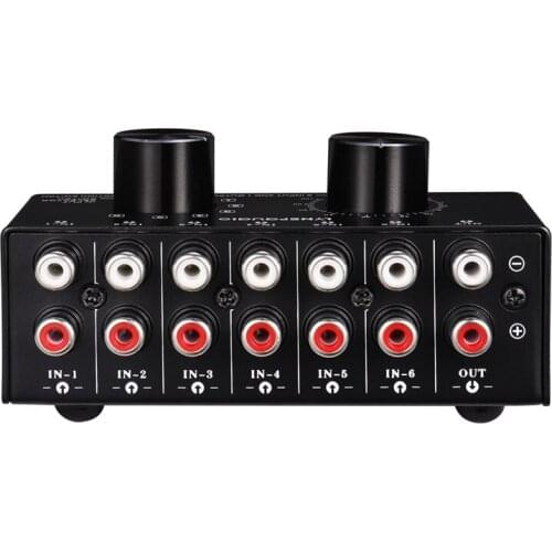 6 Input 1 Output Switcher Audio Source Selection Switcher RCA Audio Input Signal Selector Switch with Volume Adjustment and Manu