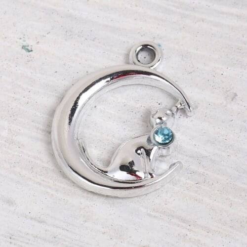 DoreenBeads Zinc Based Alloy Silver Color Half Moon Cat Light Blue Rhinestone DIY Pendants 20mm x 16mm( 5/8"), 20 PCs