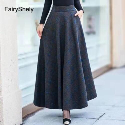 FairyShely 2020 Autumn Winter High Waist Umbrella Maxi Skirt Women Casual Pocket Woolen Grid Skirt female Flare Plaid Long skirt