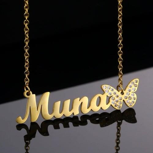 Stainless Steel Customized Personalized Fashion Name Necklace Pendant Gold Butterfly Diamond Custom Necklaces for Women Jewelry