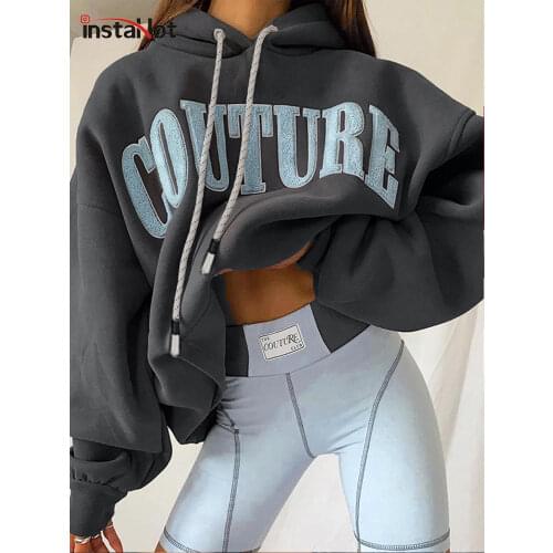 InstaHot Women Letter Print Cotton Drawstring Hoodies Long Sleeve Casual Streetwear Vintage Loose Style Basic Sweatshirt 2021