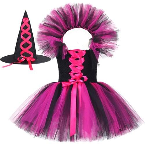 Girls Halloween Witch Costume with Collar for Kids Carnival Party Clothes Black & Hot Pink Children Girls Tulle Witch Tutu Dress