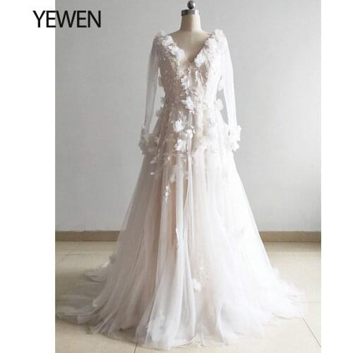 Ivory Lace Floral Maternity Wedding Dress Short Train 3D Lace Wedding Gown Long Sleeve Bridal Dress Custom Sizes YEWEN