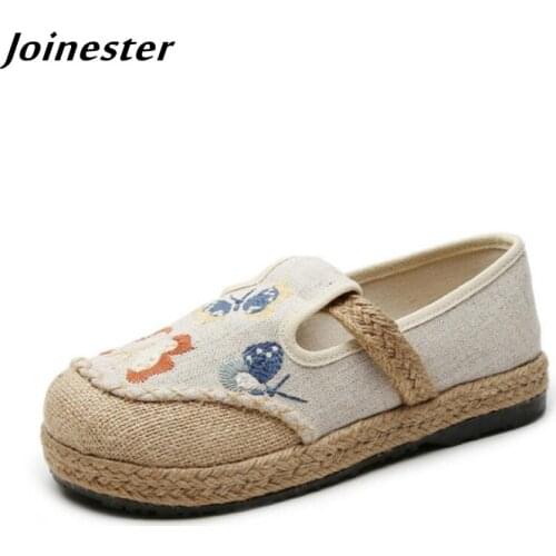 Women Flat Heel Loafers for Spring Embroidered Casual Slip On Moccasins for Girls Wide Toe Hemp Leisure Shoes Walking Flats