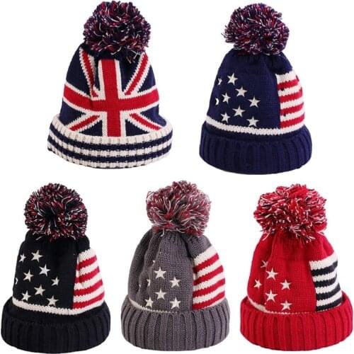 Cute Flag Knitted Ball Cap Acrylic Wool Warm Hat Children Cap for Autumn Winter Retro Warm Winter Knitted Wool Ski Cap