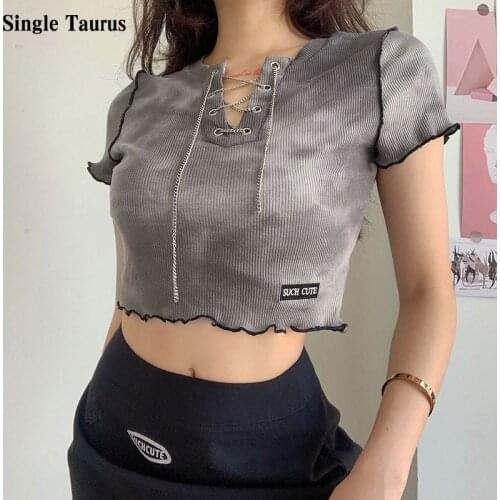 2021 Ins Chain Bandage Summer Short Sleeve Tie Dye Korean Y2k Cute Kwaii Crop Tops Streetwear V Neck Slim Gray Harajuku Tshitr
