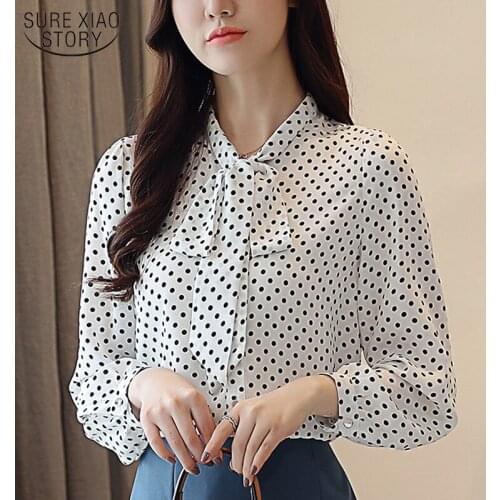 Fashion Bow Tie Loose Long Sleeve Blusas 2021 Autumn New Korean Chiffon Shirts Polka Dot Casual Blouse Women Cardigan Tops 10642