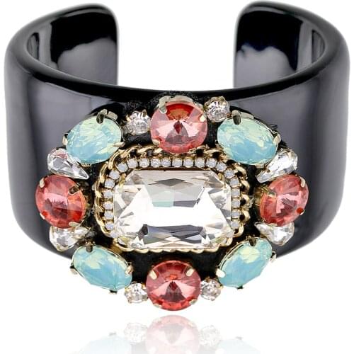 HAHA&TOTO Trendy Black Resin Bangle Cuff Bracelet Inlaid Handmade Crystal Beaded Flower Statement Bracelet Women Jewelry 3324