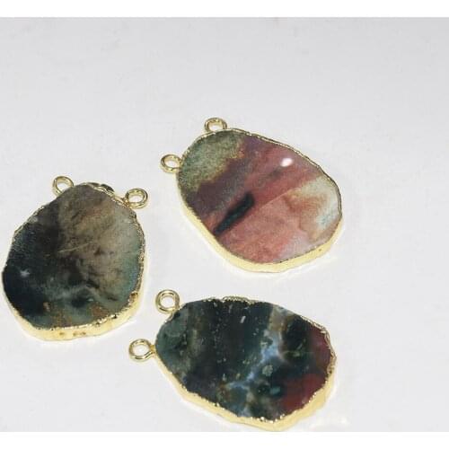 Natural Slice Green Chrysoprase irregular pendant femme 2019 Big Gold Bezel Polish Slab stone connector for women accessories