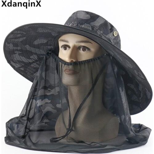 XdanqinX Novelty Summer Mens Camouflage Hat Mesh Breathable Bucket Hat Womens Oversized Brim Shawl Anti-mosquito Beach Hats
