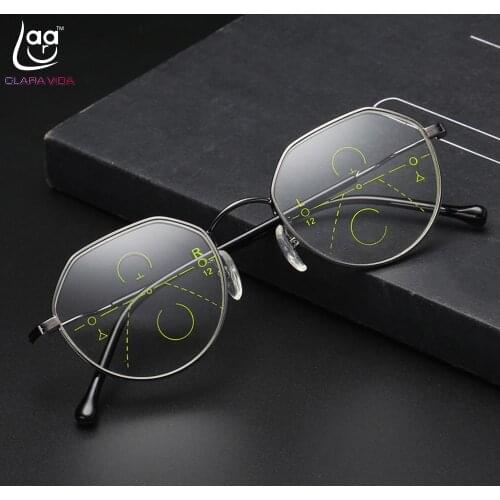 CLARA VIDA = Retro fashion Polygon frame Intelligence Progressive Multifocal Commercial Reading Glasses Bifocal +1 +1.5 +2 TO +4