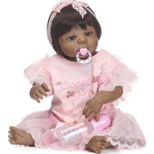 57cm Reborn Dolls Realistic black skin Full Silicone Baby girl Doll In Cute dress Alive African kids Dolls As Girls Playmate