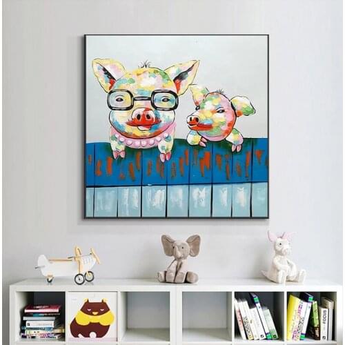 Hand Painted Baby Room Colorful Pig Cartoon Animal Oil Painting Wall Art Graffiti Posters on Canvas Picture for Kids Room