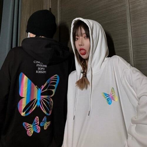 Cute Butterfly Reflective Hoodie Thin Autumn Hip Hop Male Pullover Sweatshirts Clothes Mens Harajuku Goth Loose Hoodie Boys