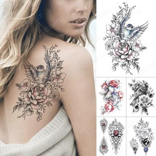 Waterproof Temporary Tattoo Sticker Bird Flower Feather Diamond Gem Flash Tattoos Peony Rose Body Art Arm Fake Tatoo Women Men