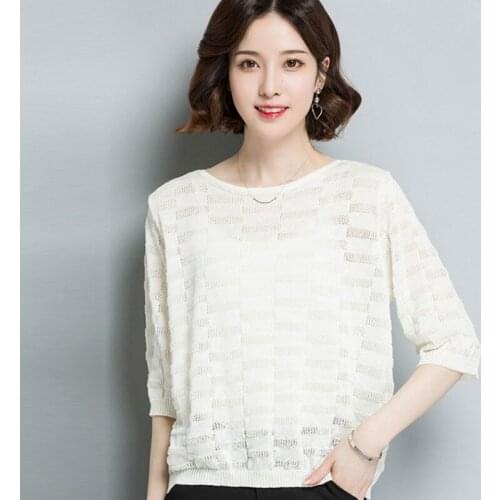 T Shirt Women Summer 2020 New Solid Color Loose Plus Size S-3XL Hollow Out Knitted Round Neck Half Sleeves Sweet Tee Tops Female