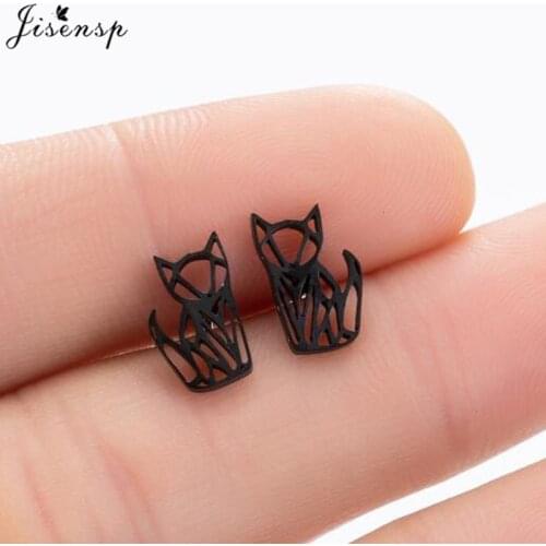 Jisensp Stainless Steel Origami Cat Earrings for Women Fashion Jewelry Black Geometric Fox Stud Earrings Kids Small Ear Studs
