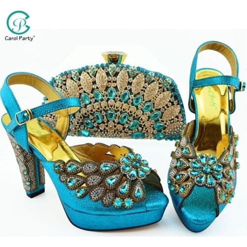 Italian Design 2021 Afrcian Hot Sellling Italian Design Sky Blue Color Party Women Shoes and Bag Decorated With Rhinestone