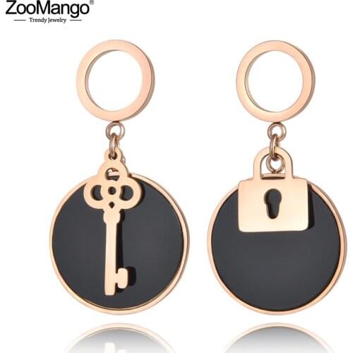 ZooMango Bohemia Stud Earrings Key & Lock Rose Gold Color Stainless Steel Black Acrylic Disc Asymmetric Jewelry Bijoux ZE18450