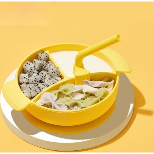Zq Baby Baby Bowl with Straw Baby Silicone Compartment Bowl Cartoon Eat Learning Training Spoon Cutlery Set