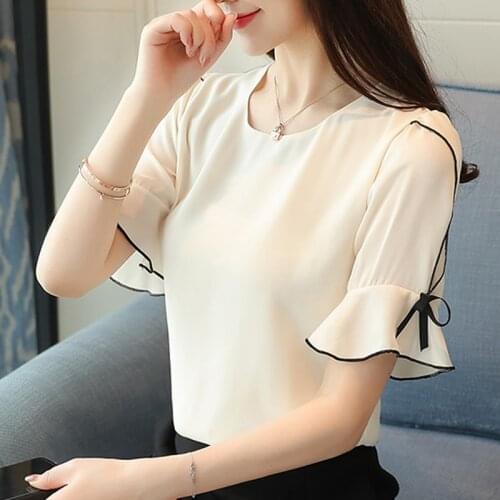 Apricot O-neck Summer 2021 Chiffon Women Blouse Shirt Bow Short Sleeve Sweet Womens Clothing Fashion Casual Tops Blusas D621 30