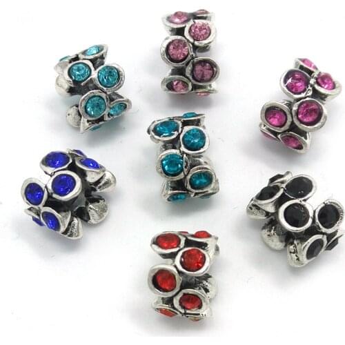 Free Shipping 50pcs 10mm mix color rhinestone antique silver plated alloy round beads fit European bracelet charms DIY