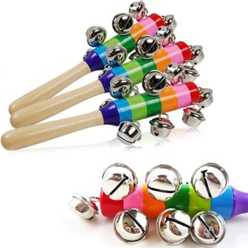 Free Shipping Colorful Rainbow Hand Held Bell Stick Wooden Percussion Musical Toy for KTV Party Kids Game Wholesale Retail