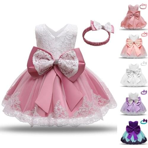 Baby Dress Bowknot Flower Dresses Lace Pageant Party Wedding Flower Girl Tutu Gown