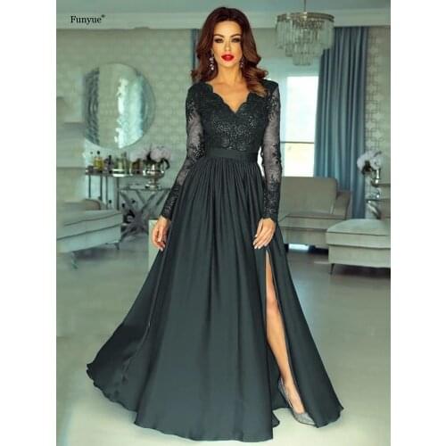 Elegant Long Sleeve Formal Evening Dress Charming V-Neck Side Split A-LINE Satin Evening Gown Floor-Length Vestidos De Fiesta