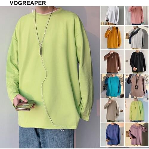 Spring Autumn Solid Color Causal Mens Long Sleeve T Shirts Korean Oversized Man Casual Black White Mens Streetwear Tops Tees