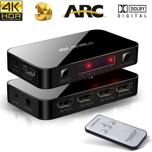 HDMI-compatible2.0 Switch ARC 4K HD 4 Port 4K x 2K Audio Optical TOSLINK HD with IR Remote for Mackbook HDTV Laptop XBOX 360 PS4