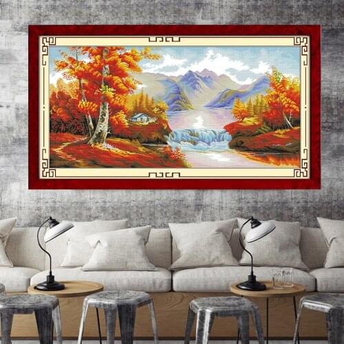 HUACAN DIY Embroidery Autumn Scenery Cross Stitch Tree Kits 14ct 11ct White Canvas Set Needlework Gift