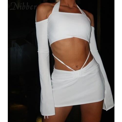 Nibber Solid Two Piece Sets Women Summer Halter Crop Tops + Drawstring Ruffles Skirt Matching Outfit Female Early Autumn Clothes