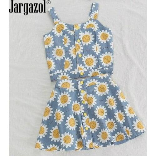 Girls Sunflower Clothes Set Crop Tops and Button Skirt Fashion Kids Girl Summer Outfits Sets Children Sleeveless Cool Sets