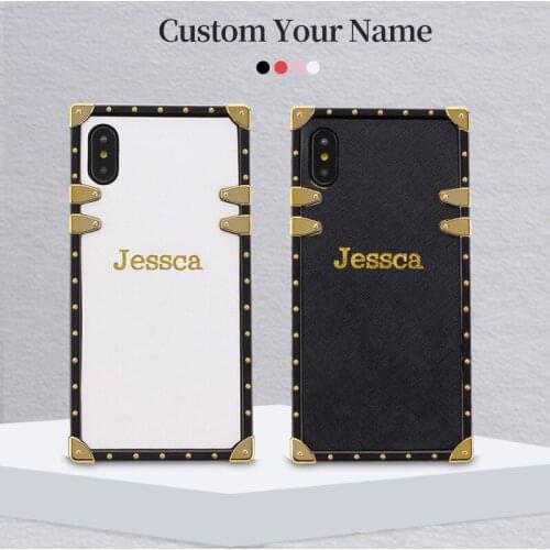 For iPhone 12 11 Pro 6S XS Max XR 7 7Plus 8 8Plus X Leather Trunk Case Stamping Emboss Gold Personalized Custom Name Phone Case