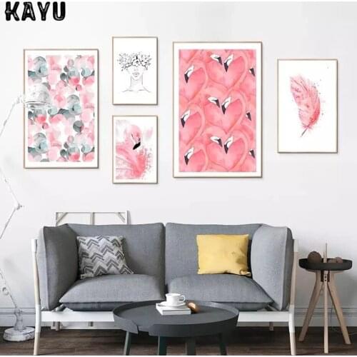 Beautiful Pink Flamingo Feather Posters Abstract Figure Canvas Painting Prints Wall Art Pictures Girls Room Home Decor Gift