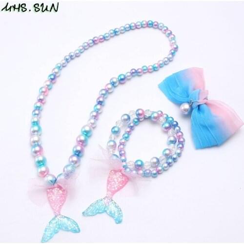 MHS.SUN Girls Mermaid Tail Pendants Bead Necklace Bracelets Hairpins Set Fashion Baby Kids Chunky Jewelry Set Party Jewelry Gift