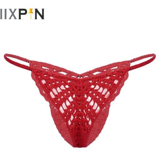 Mens Lingerie Sexy G-String Underwear Handmade Crocheted Hollow Out Bulge Pouch Briefs Elastic Waistband T-Back Thongs Panties