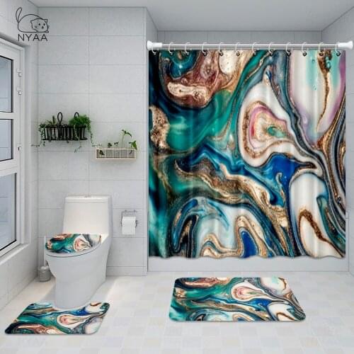 Liquid Golden Marble Ink Texture Print 4Pcs Set Luxurious Durable Waterproof Bath Curtain Toilet Cover Mat Non Slip Rug Fabric