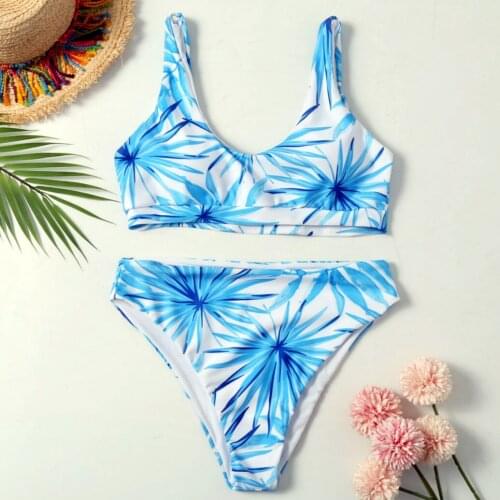 2021 New Sexy Bikini Set Swimwear leaf Vest Line Split Print Biqini Set Brazilian Bathing Suit Beachwear Swimming Suit women