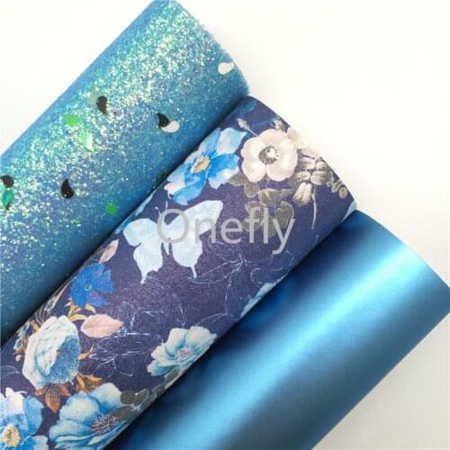 Onefly 21X29CM Blue Glitter Fabric, Flowers Printed Synthetic Leather Vinyl Sheets For Bow DIY handbags shoes AQ024